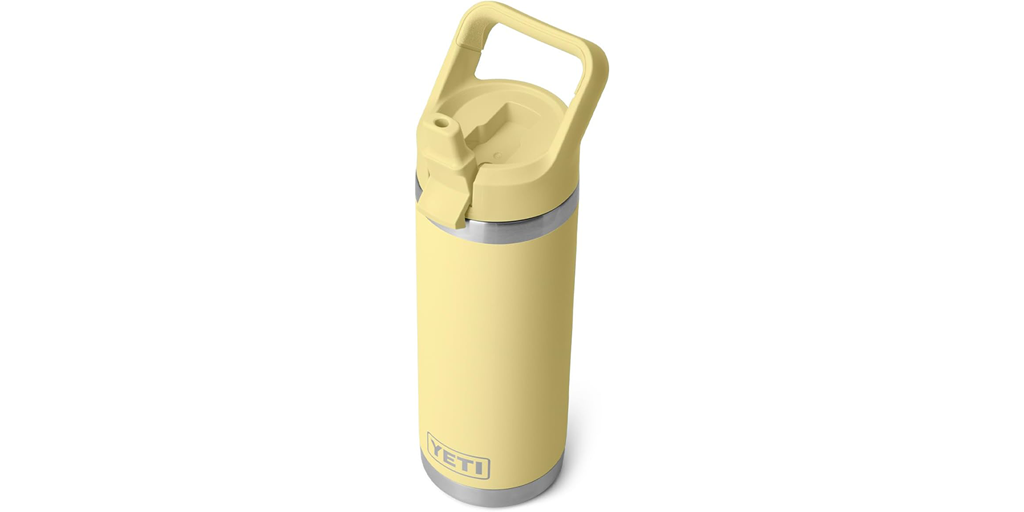 A yellow water bottle on a white background.