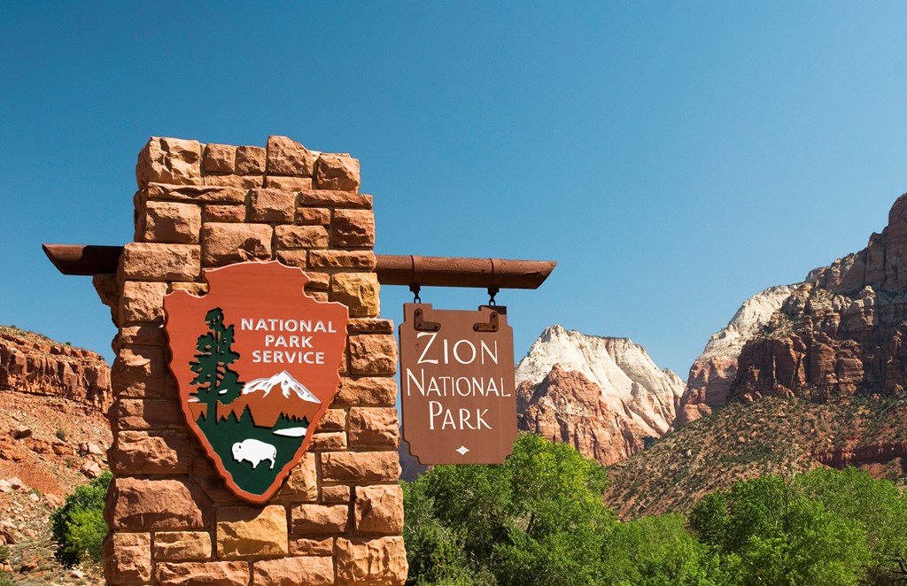 The entrance sign to Zion National Park in Utah just outside of Sprindale at the parks south entrance