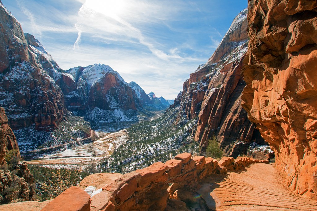 Angels Landing Hiking Trail in the winter high above the Virgin River in Zion National Park in Utah.
