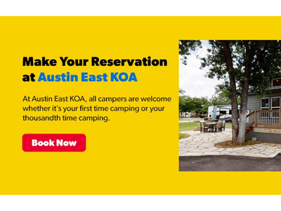 Austin East KOA campground with cabins, RVs, and tent sites for campers of all experience levels