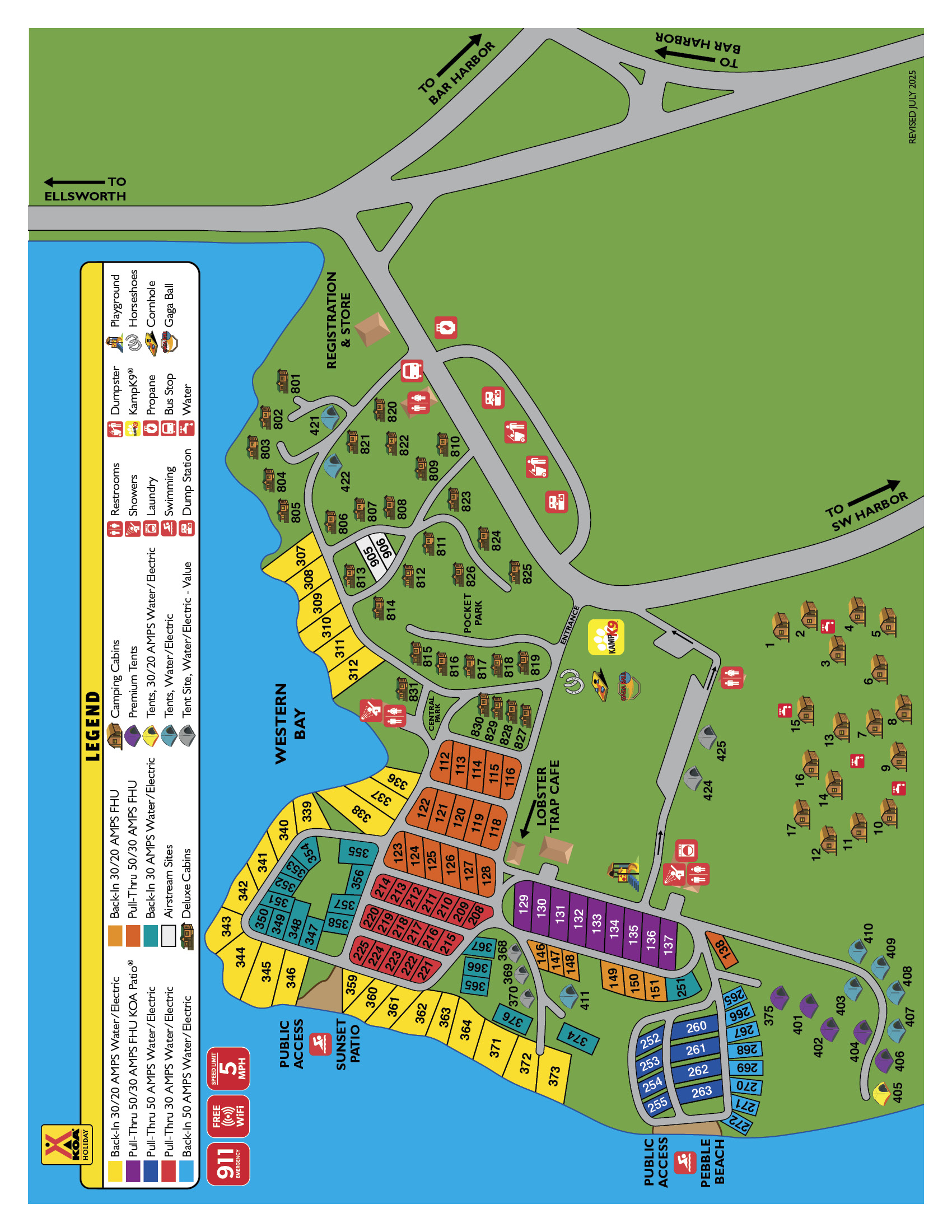 Detailed campground map showing layout of Bar Harbor/Oceanside KOA with waterfront sites and facilities