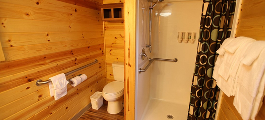 The bathroom has a handicap friendly shower.