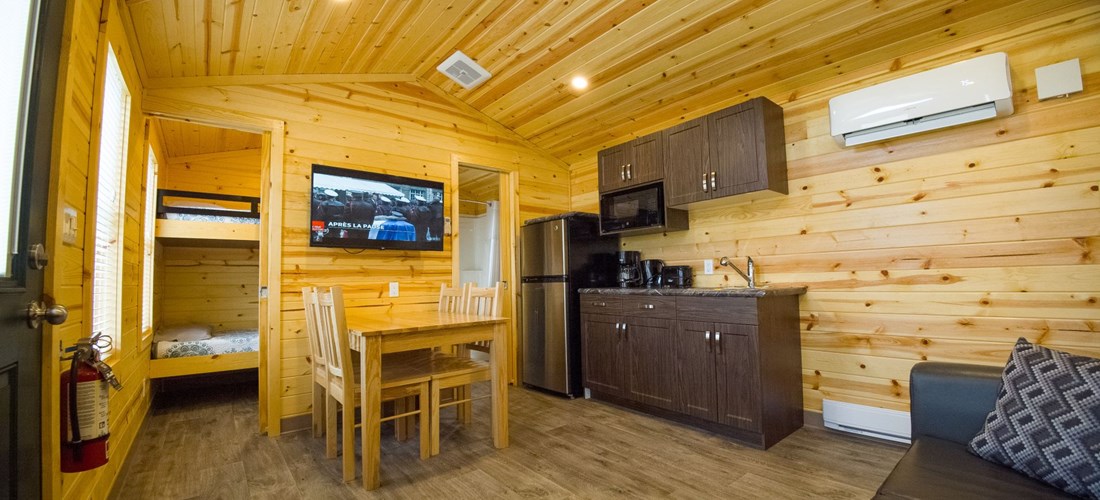 Deluxe cabin (w/Bathroom) for 6 (cabin) kitchen, TV and bunk beds