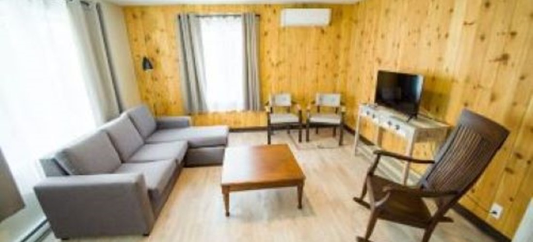 Deluxe cabin (2 rooms, w/bathroom) up to 6 people. By the lake. Full living room.