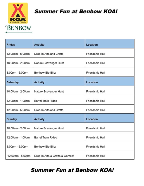 Summer Activities Schedule