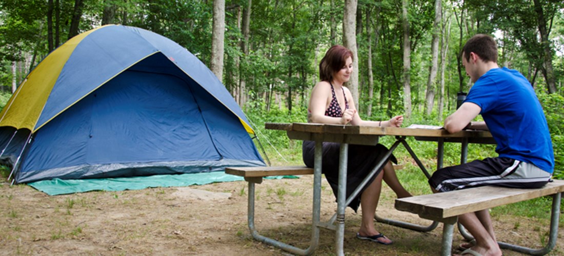 Traditional campsites offered with fire pit and picnic table.