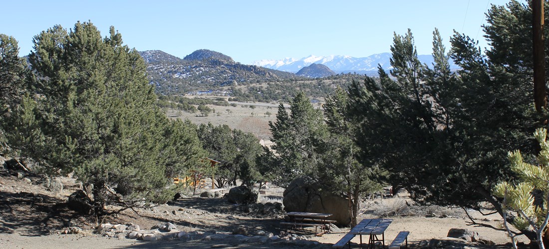 Tent site, Spring view of the Sangre de Christo range