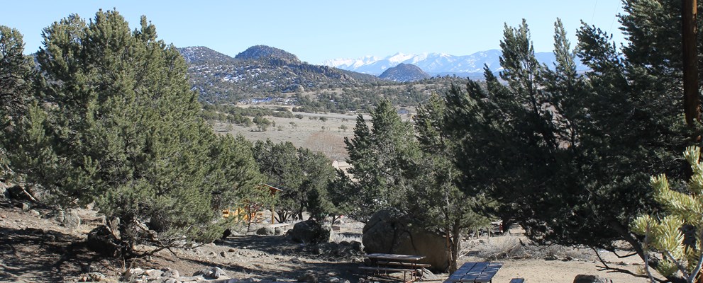 Tent site, Spring view of the Sangre de Christo range