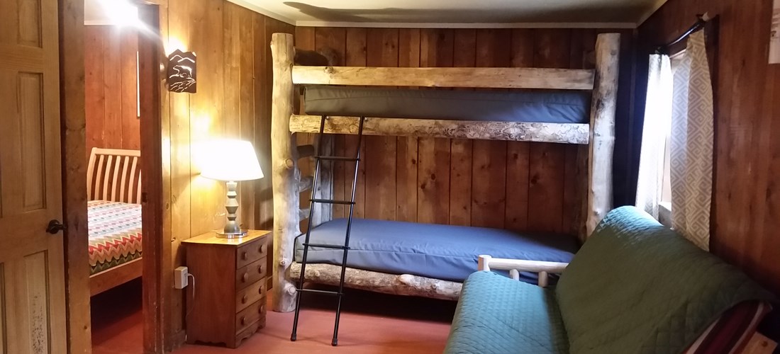 Main room w/ XL twin bunk & full futon. Bring your own linens-2 dogs max