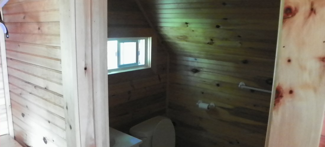 Deluxe cabin full washroom with stand up shower, sink & toilet.