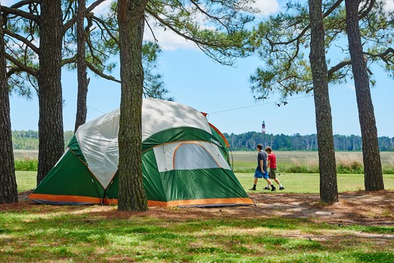 Enjoy stunning views of the Assateague Lighthouse from our tent camping area.