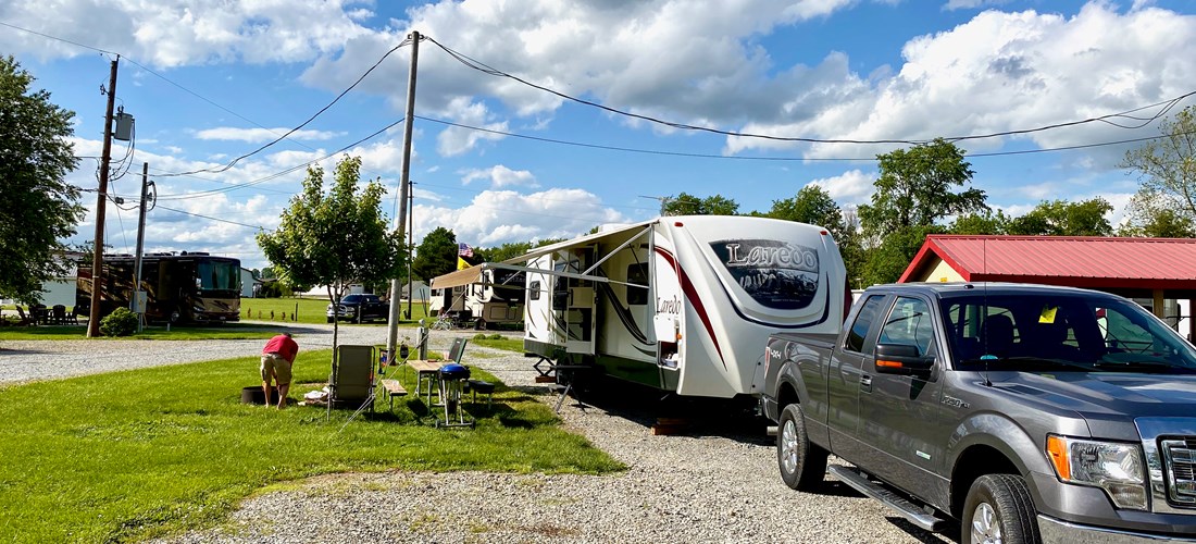Nice and level pull-through & full hook-up RV site at Coshocton KOA.