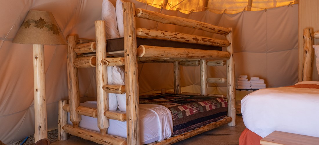 Inside Teepee bunk bed - queen on bottom, twin on top