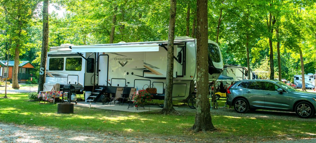 Back In, 50/30 Amps, Full Hookups Concrete Patio Pictures Dayton KOA Holiday Campground