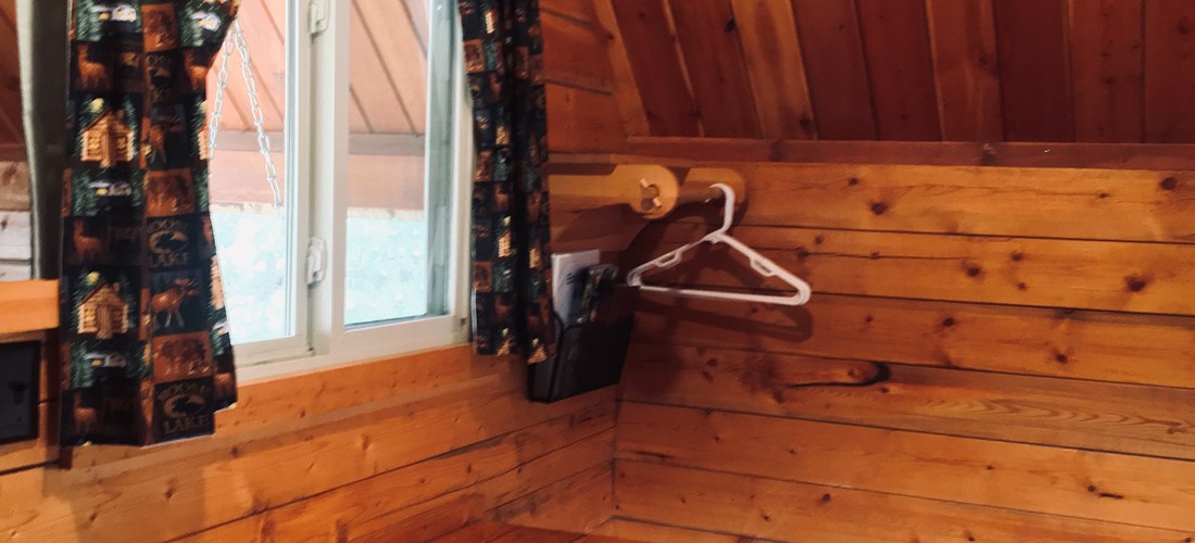One Room Cabin Desk and coat hangers