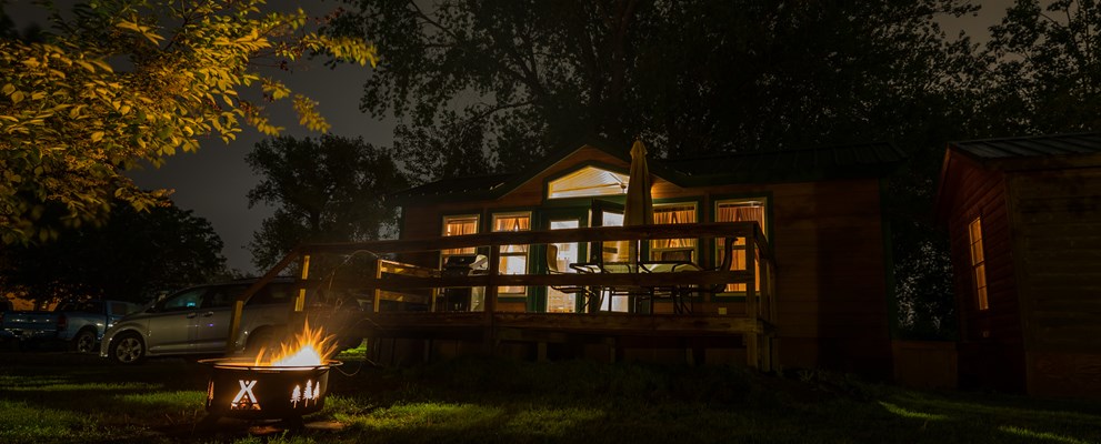 Nighttime view of lodge