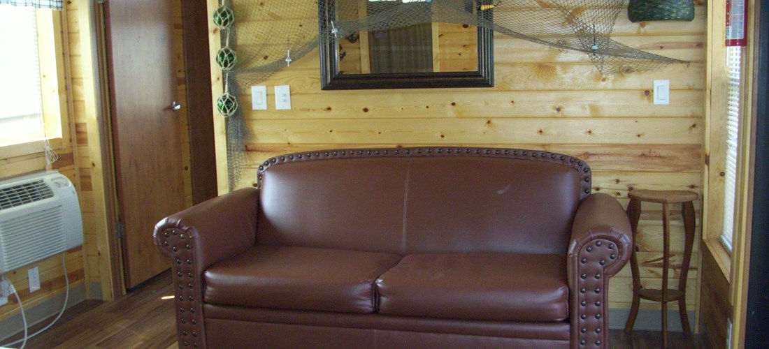 Deluxe Cabin creek-side living room (sleeper sofa).