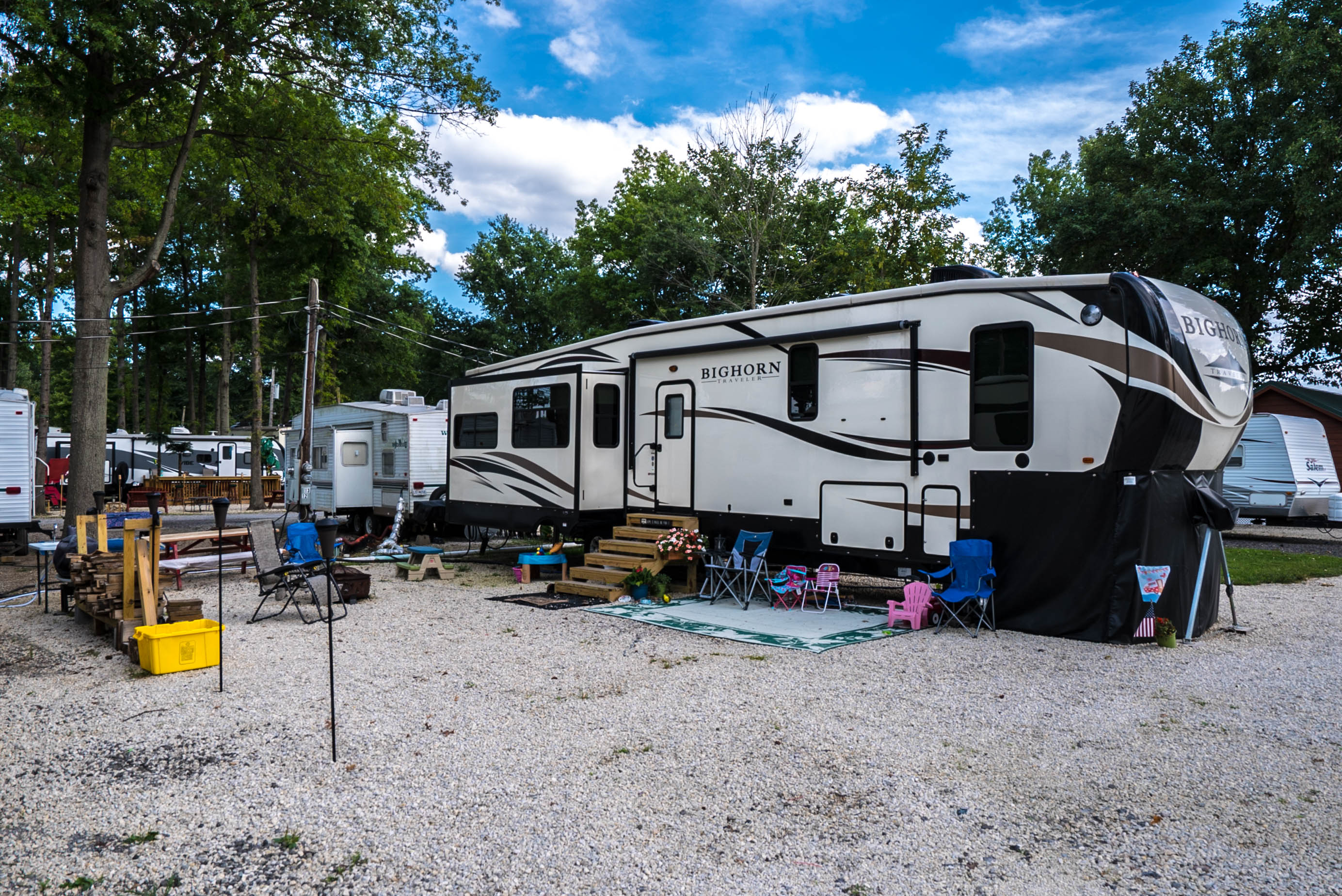 Spacious back-in site in the first row. Enough room for all your needs.