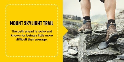 Rear view of a man's legs as he hikes through a rocky patch of Mount Skylight Trail