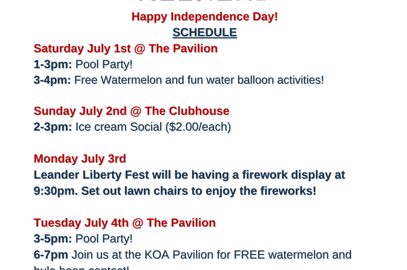 4th of July Weekend Event at the Leander / NW Austin KOA Holiday