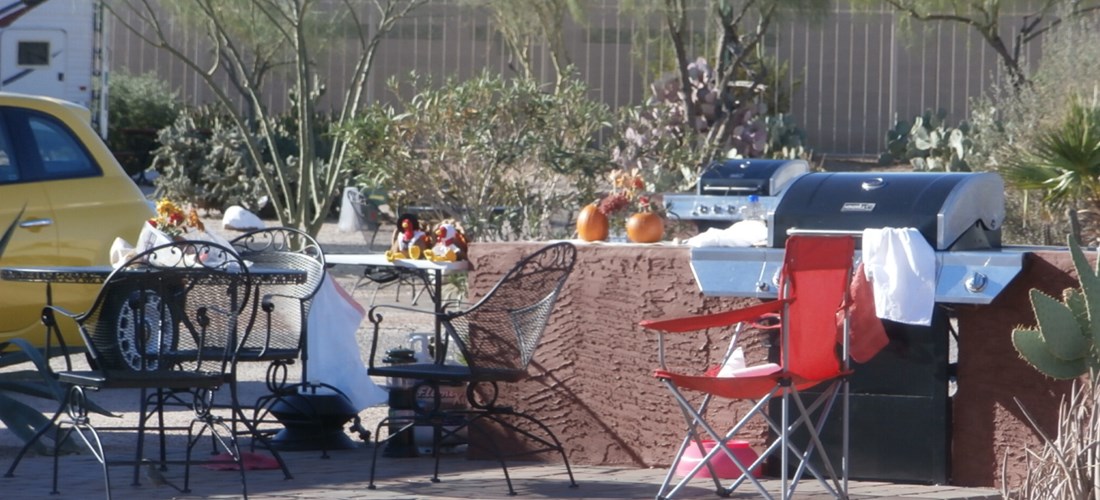 Pull Thru, 50/30 Amps, Full Hookups, Deluxe Patio Site Deluxe patio beautifully landscaped, specialty patio furniture, gas barbecue and sink. Best view of the Superstitions. Limited number available.