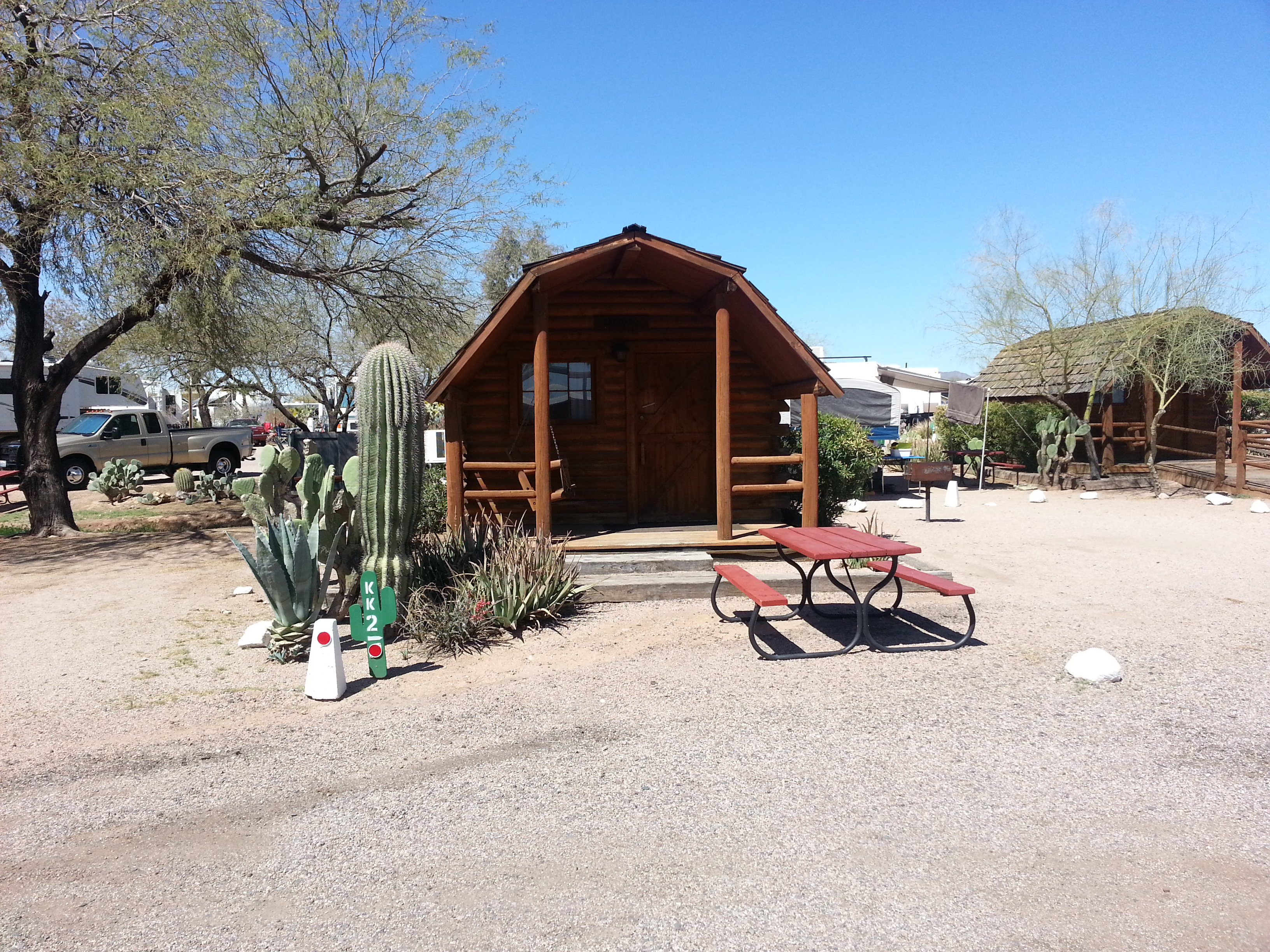 1 Room Camping Cabin (w/o Bathroom) Pets are welcome but we only have two cabins for your furry friend so book early. Don't forget the linens, pillows and blankets. Restrooms and showers are close by. Book early and come see us!