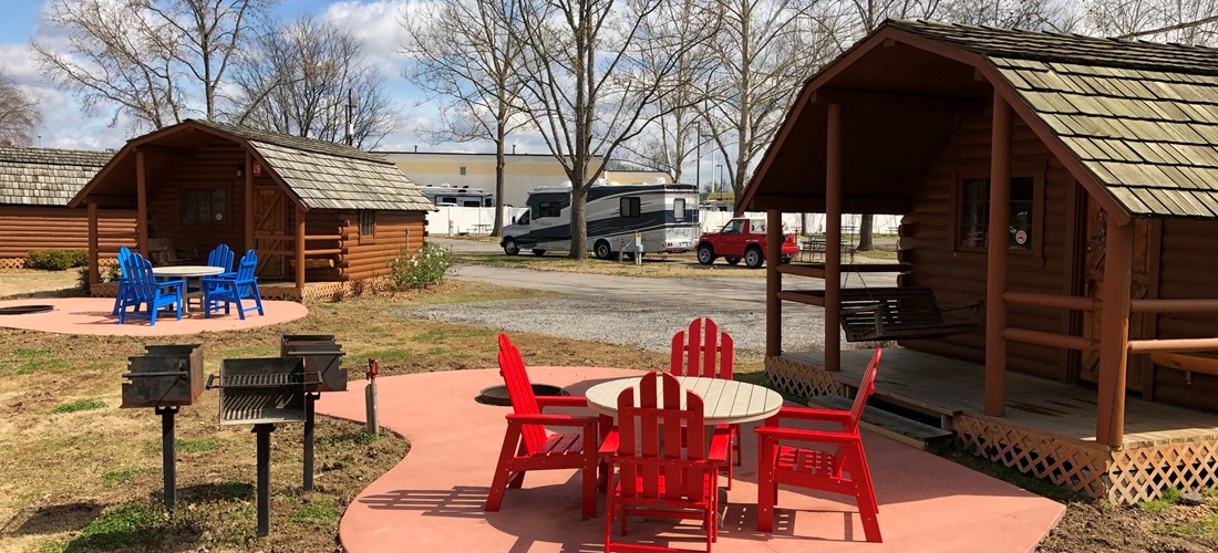 Our 2 bedroom cabins have a deluxe patio with fire ring and upgraded patio furniture.
