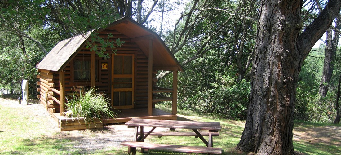 Our small rustic cabins have water on site, electricity inside the cabin, as well as a ceiling fan and heater. Cabins feature a double sized bed and a bunk bed. You bring your bedding. All cabins have wifi access along with a picnic table and bbq grill. Pictured is cabin 103 which is one of the closest to the kitchen pavilion and bathroom.