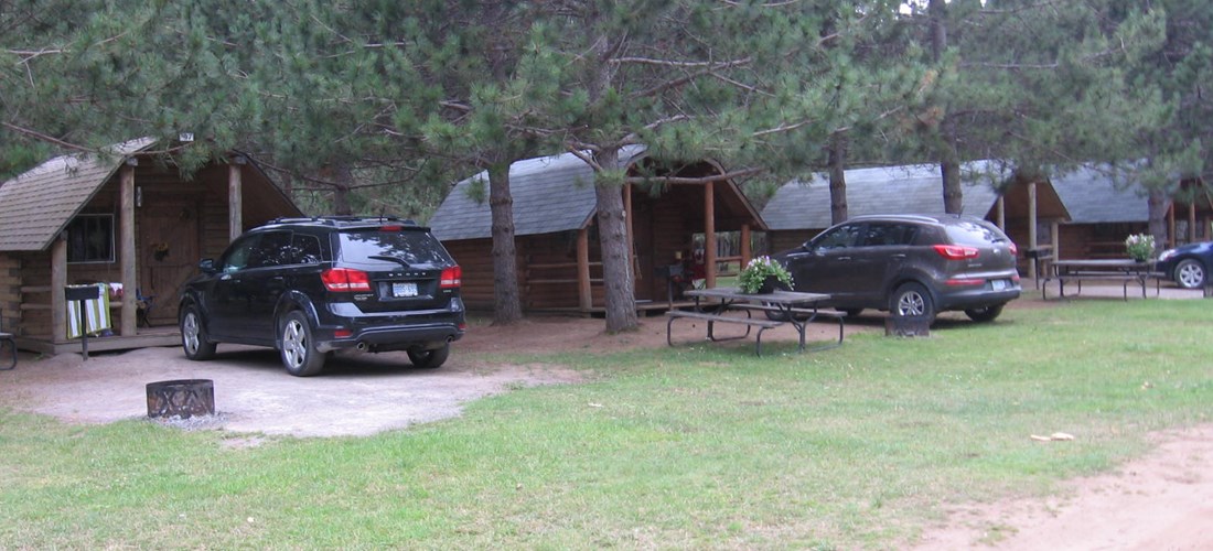 Camping Cabins in the Pines with a beautiful view of the Lake.  Sleeps 4. Electricity and mini-fridge is included