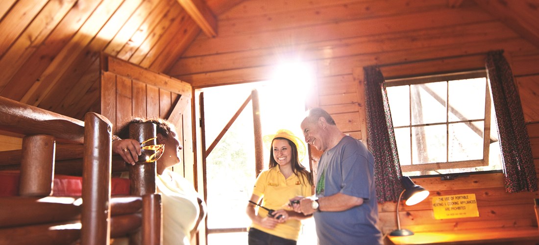 The inside of our Camping Cabins. We have three levels of camping cabins: Near the playground, in the Redwood Grove and in Vineyard Terrace.