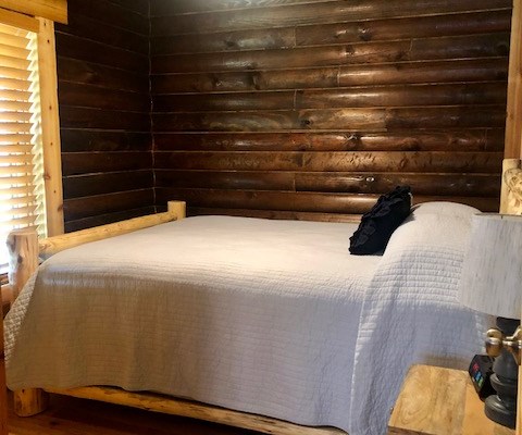 Teresa Cabin's first bedroom with a queen bed