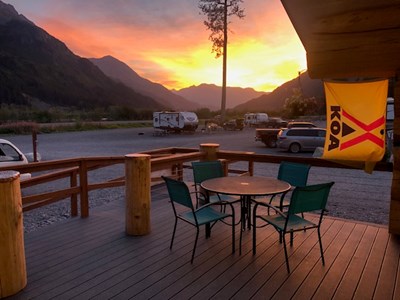 Sunset view from Seward Alaska KOA Campground patio.