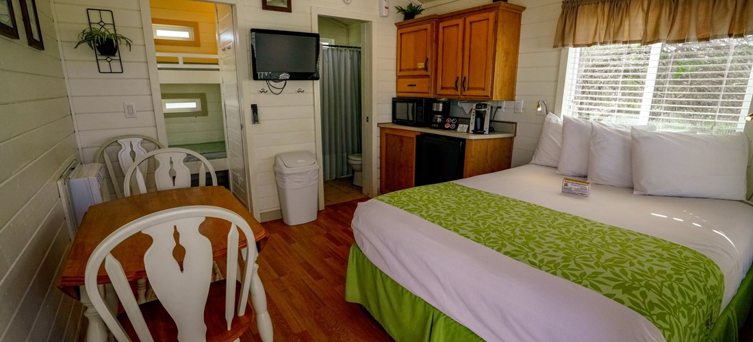 Our comfy Studio Cabins have a queen bed, bunk beds, mini-fridge, microwave, and television.