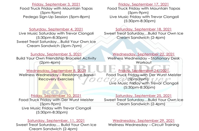 September 2021 Calendar of Events Photo