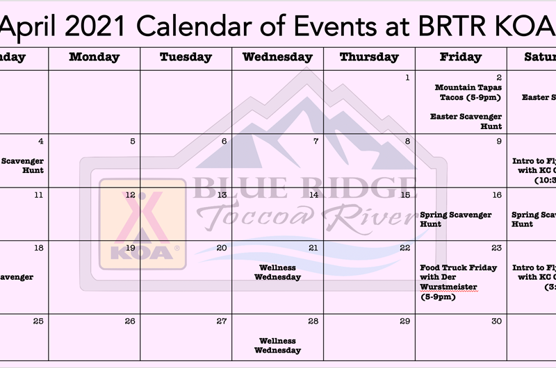 April 2021 Calendar of Events: Event at the Blue Ridge / Toccoa River KOA  Holiday Campground in Georgia