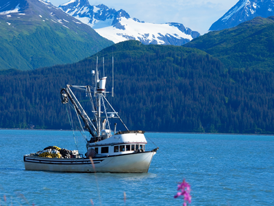 Fishing charter boat on Prince William Sound near Valdez KOA Journey with snow-capped mountains in the background.
