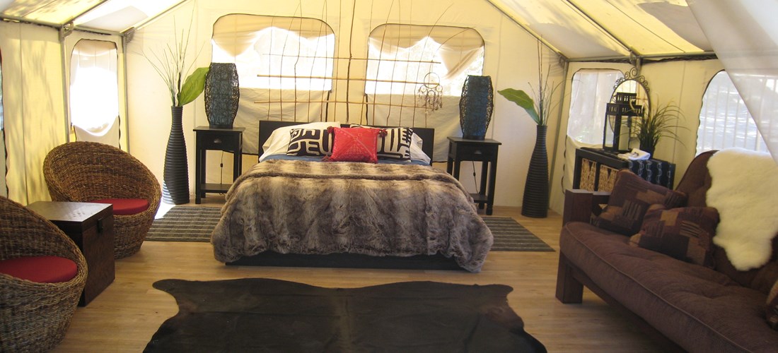 Safari Tent has Queen and Bed Futon Sofa Sleeper