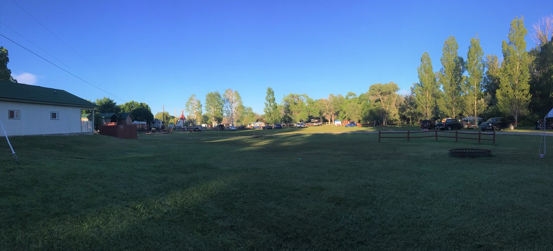 Lower meadows with tent sites, group tent area and Camping Cabins.