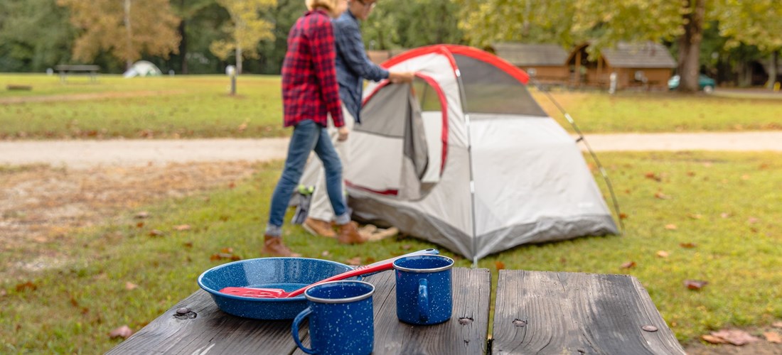 grassy pad tent site with picnic table