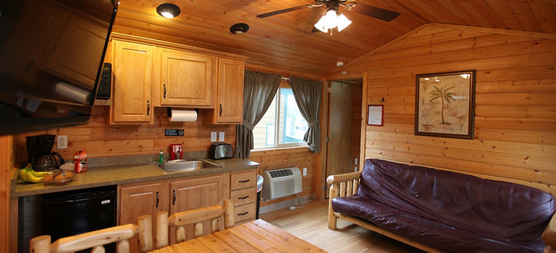 Full kitchen with dining area and sofa sleeper
