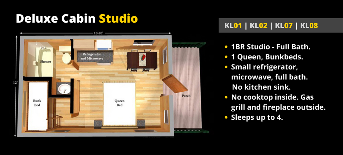 Deluxe Cabin Floor Plans for KL01, KL02, KL07, and KL08.