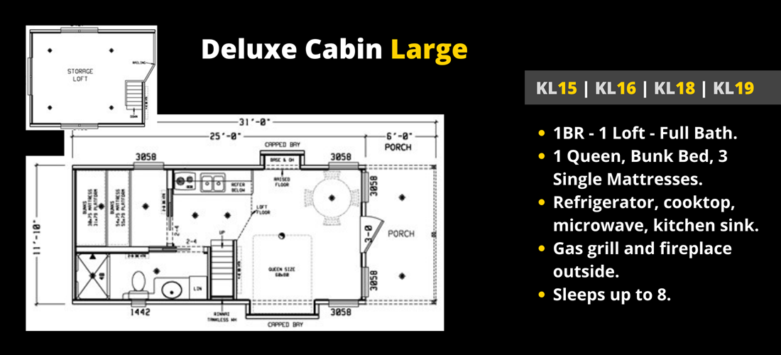 Deluxe Cabin Floor Plans for KL15, KL16, KL18, and KL19.