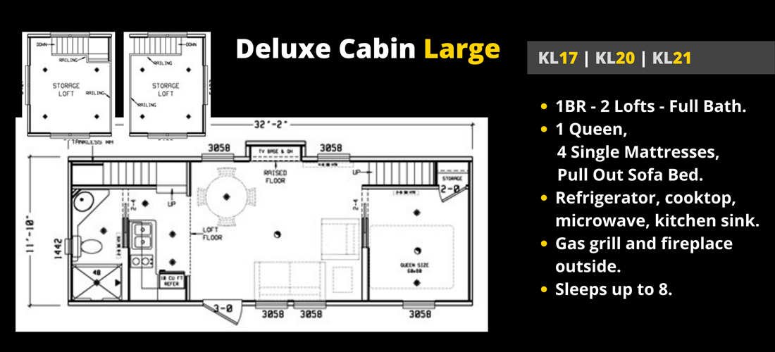 Deluxe Cabin Floor Plans for KL17, KL20, and KL21.