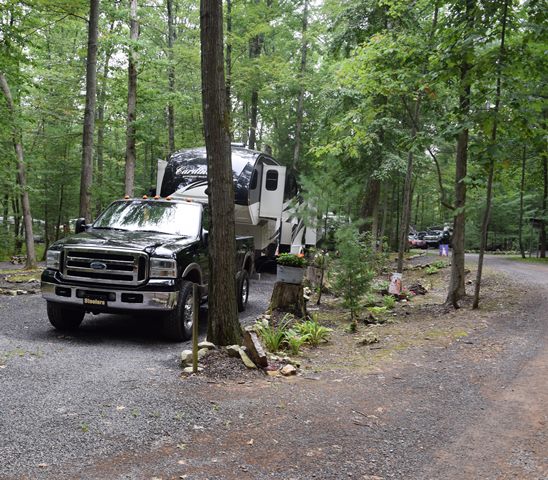 Easy access sites with a real camping atmosphere. Very Spacious wooded sites, 30 amp water and electric, are offered throughout the park. No need to unhook tow vehicles.