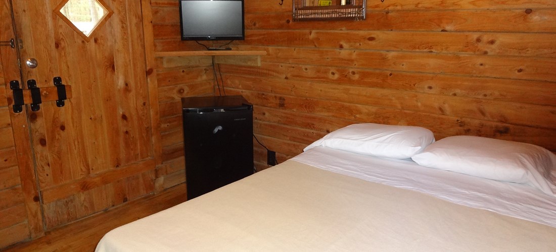 The interior of our Camping Cabin comes with a small TV and Mini Fridge.